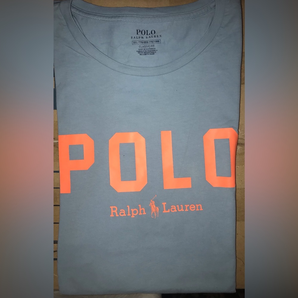 Polo by Ralph Lauren T-Shirt • Blue w/Peach letters • XXL